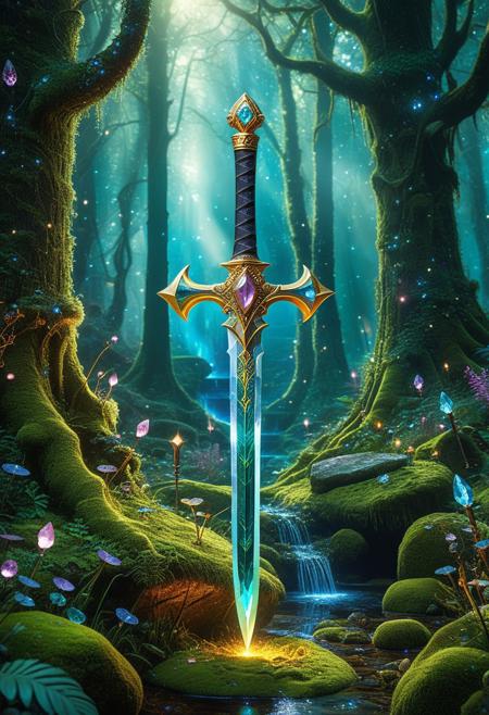 masterpiece, surreal art, enchanted sword, glowing blade, magical forest, mossy stone, ethereal atmosphere, dreamlike lighting, mystical particles, ornate hilt, crystalline structure, fantastical setting, surreal composition, ancient relic, glowing gems, floating sparkles, vibrant colors, detailed textures, haunting beauty, otherworldly landscape, fantasy surrealism
