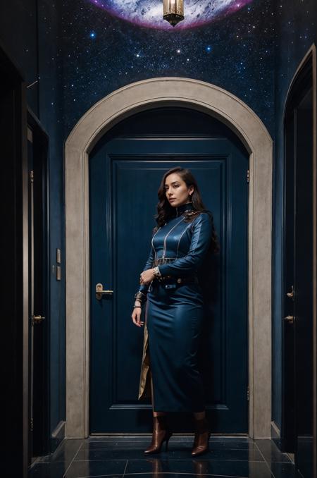 movie still, A stately female detective opened the entrance to another world, modern, classic, (sherlock, London:0.8), sci-fi, (outer space:1.1), bigbang, curved space, galaxy, hyperpunk scene with dark blue and brown details, door,  noir, mystic, (wide shot:1.3), (epic:1.1)
<lora:epiCRealLife1>
<lora:epiCRealismHelper:1>