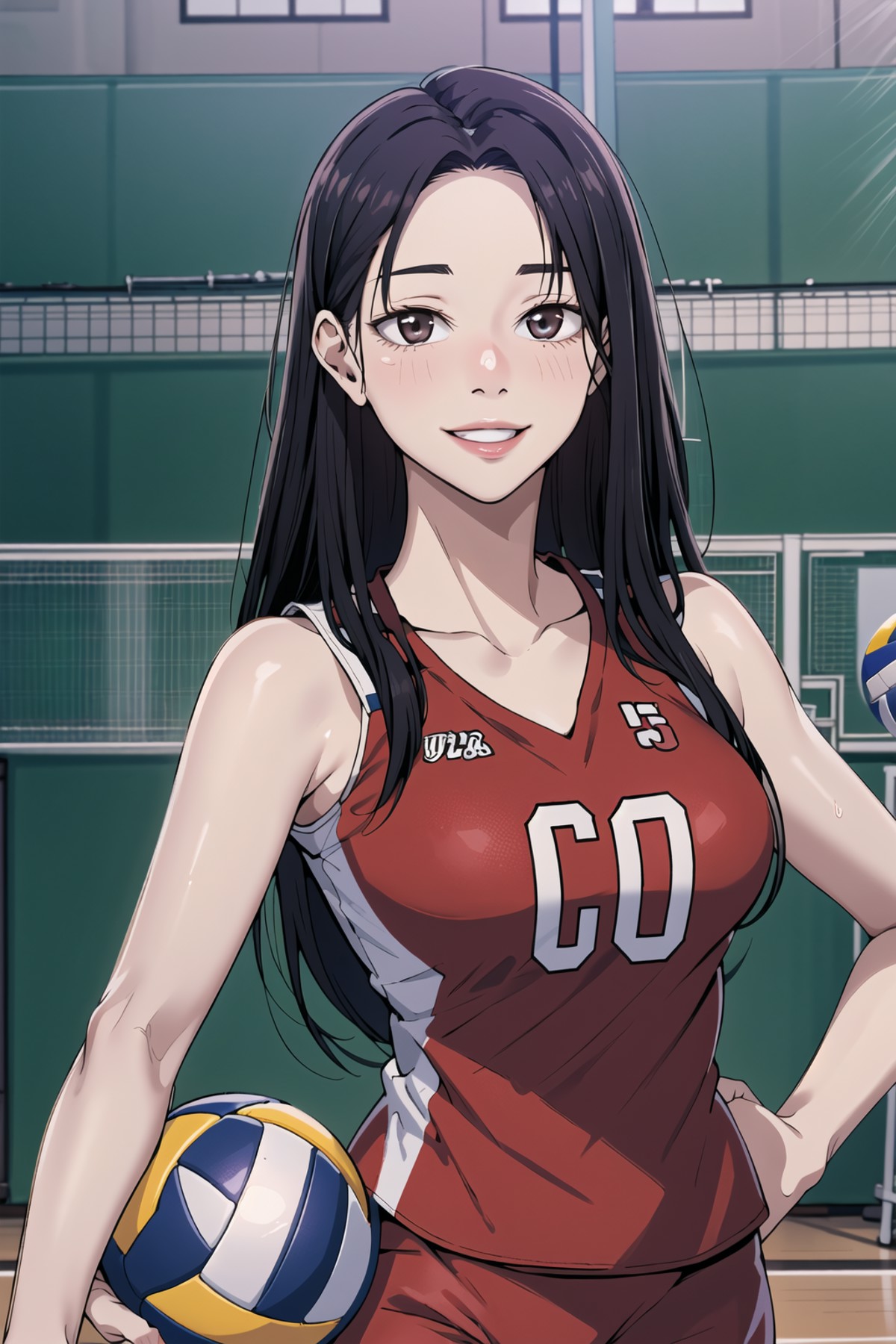 masterpiece, best quality, highres, depth of field, smiling, looking at viewer, 1girl, long hair, volleyball uniform, tall...
