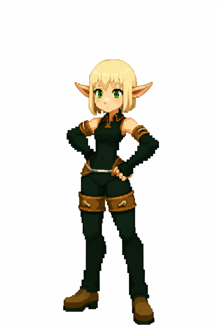 (white background:1.4),simple background,<lora:pixel_f2:0.5>,pixel,pixel art,
1girl, evangelyneold, black fingerless  gloves, blonde hair, elf, green eyes, pointy ears, short hair, standing  <lora:Evangelynev1:1>