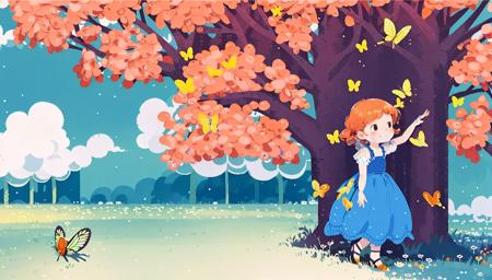 1girl, hand net, butterfly net, grass, brown hair, dress, outdoors, smile, blue dress, tree,pants, flower, orange hair, child, <lora:Child illustrationa_20230804152414:0.8>