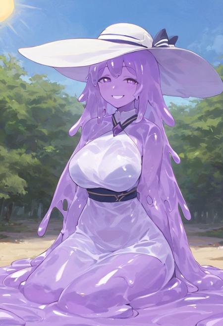 score_9, score_8_up, score_9_up, masterpiece, high quality, highly detailed, 1girl, (((light purple and blue slime girl))), large breasts, wide hips, girl see through body. Wearing a sundress and a big summer hat. Sitting outside On the beach holding a massive watermelon. Big smile, sun shining