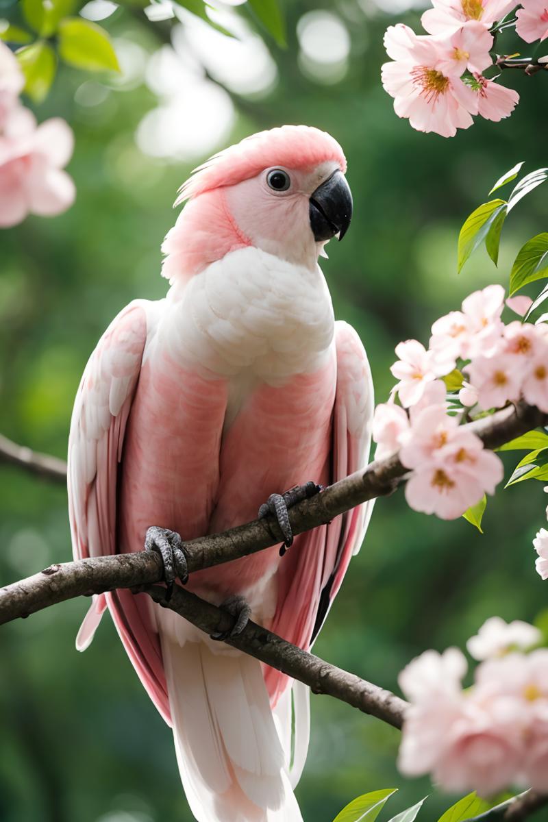 A pink and white bird perched on a branch.