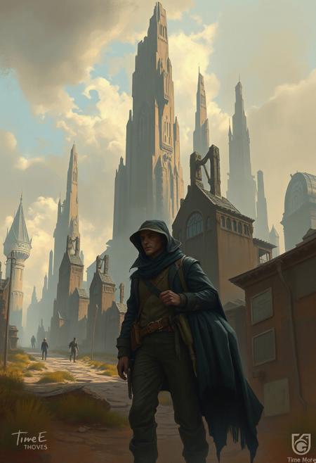 A time traveler stuck in a decaying future, where towering ruins and skeletal figures haunt the streets
classical landscape realism meets futuristic surrealism, finely detailed natural scenery with bold sci-fi elements, soft atmospheric lighting, rich and muted color palette, precise brushwork with smooth gradients, juxtaposition of historical landscapes and modern dystopian themes, lone figures in vast spaces, subtle storytelling through contrast, nostalgic yet futuristic ambiance, balance of realism and surreal isolation, dreamlike yet grounded compositions