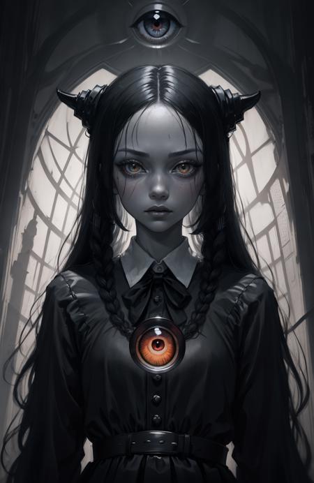 the all seeing eye by H.R. Giger, Junji Ito, Greg Rutkowski, WLOP
detailed paint of wednesday addams, highly detailed paiting by Ray Donley, 8k, royal paiting, dynamic lighting, colorfull lighting,, 8k, 4k, (highres:1.1), best quality;