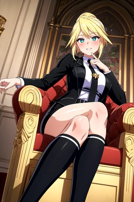 MGCM superbia, short hair, (single hair bun), blonde hair, green eyes, MGCM costume, black jacket, long sleeves, black necktie, black shorts, kneehighs, black footwear, <lora:MGCM_superbia_ep15:0.7>, BREAK large breasts, anmnr, <lora:anmnr01:0.17>, beautiful, masterpiece, 8K resolution, extremely detailed face, 1girl, Beautiful woman, 20 years old, eye highlights, (from below), looking at viewer, smile, parted lips, blush, BREAK (sit on the throne:1.2), (put your hand on your chin:1.3), lower one's hand, cross your legs, BREAK anime background, indoors, medieval castle, king's hall, throne, red carpet, luxurious decorations, stone columns, royal coat of arms, delicate decoration, <lora:flat2-dim1:-0.5>