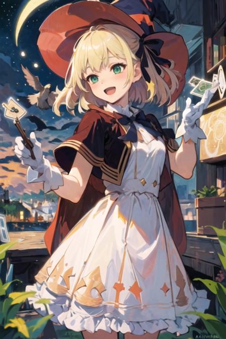 ((masterpiece:1.2, best quality)), 1girl, solo, (witch hat), (blonde hair:1.4), long hair, dress, aurora, night, star (sky), gloves, sky, white dress, night sky, open mouth, starry sky, green eyes, ribbon, red dress, smile, hair ribbon, cape, blue hair, (bird), magic, casting spell, dark clouds, night, (impressionism:1.4), (tarot:1.3), alphonse mucha,
 <lora:anisphia_wynn_palettia-v2:1>
(anisphia_wynn_palettia:1.2), pink skirt, short hair