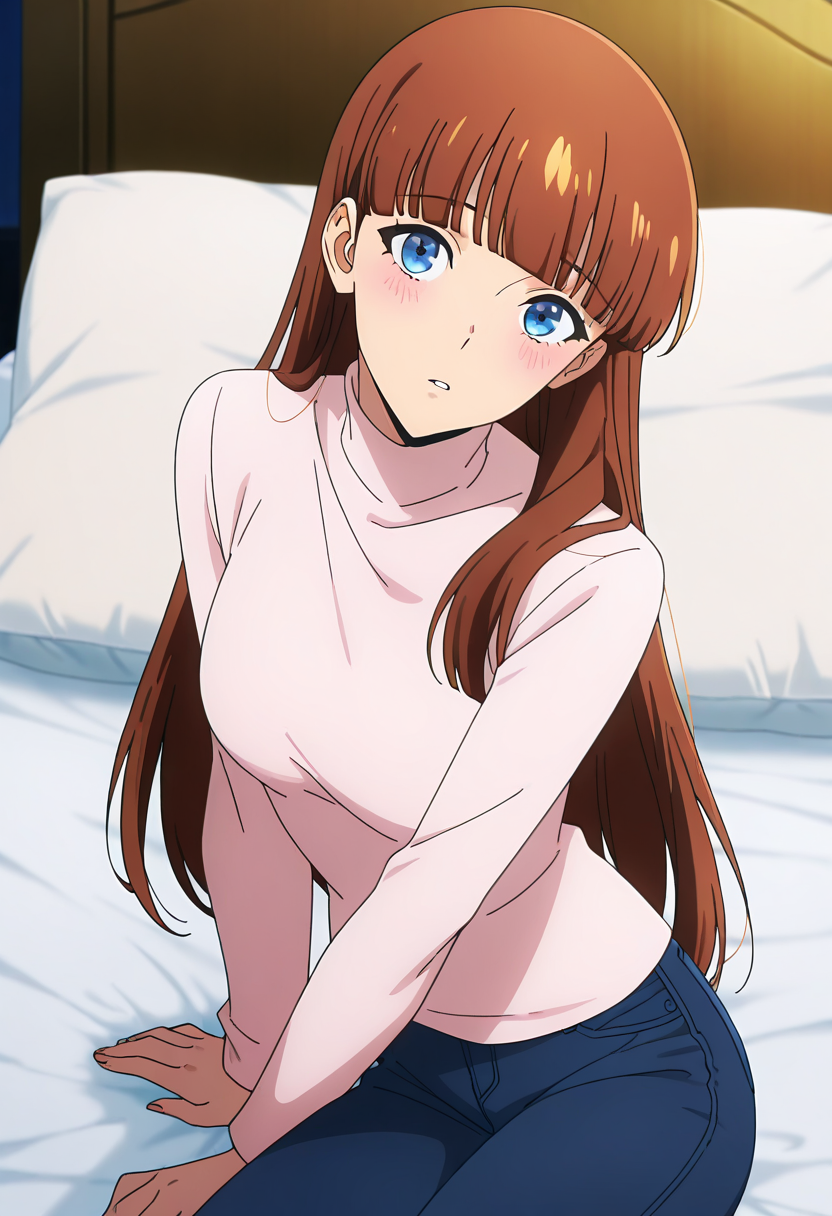 A woman with long, straight, light brown hair and blue eyes sitting on a bed. She is wearing a long-sleeved, pale pink turtleneck sweater, and blue jeans. Her expression is slightly shy, with a hint of a blush on her cheeks. The background shows a neatly made bed with white sheets and a dark wooden headboard. The lighting is soft and warm, likely from a lamp off-screen, casting gentle shadows that add depth to the scene. 