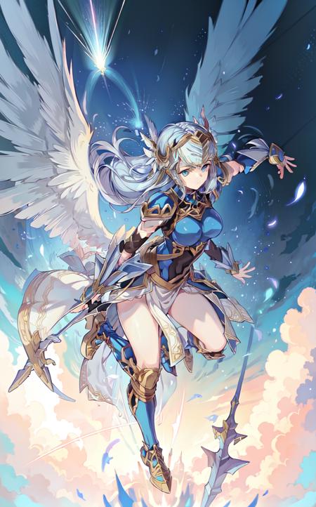 masterpiece, best quality, lenneth flying thorugh the sky,  dynamic camera,  action scene, magical explosion, intricate details,  full body, ethereal wings, blue eyes,  <lora:Lenneth:1>