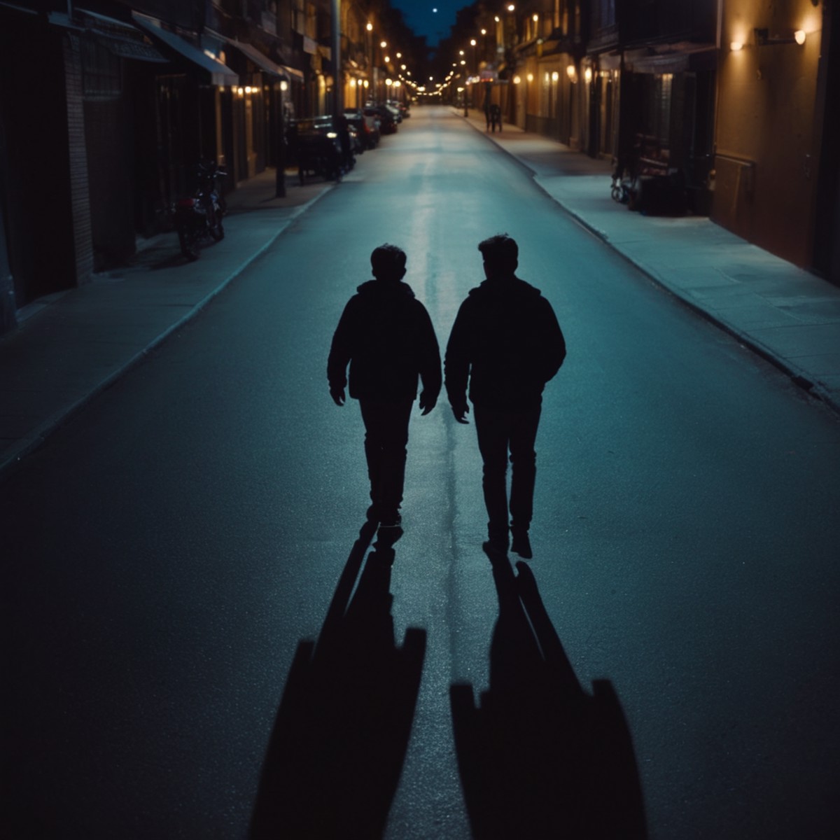 cinematic film still of  <lora:silhouette style:1>
A silhouette photo of two people walking down a street at night,outdoor...