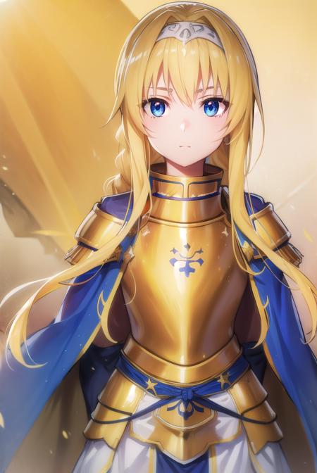 alicezuberg, <lora:alicezuberg-lora-nochekaiser:1>, 
alice zuberg, bangs, blue eyes, blonde hair, hair between eyes, very long hair, braid, hairband, white hairband,
BREAK dress, cape, armor, blue dress, shoulder armor, gauntlets, pauldrons, breastplate, armored dress, faulds, blue cape, knight, (gold armor:1.5), body armor,
BREAK outside, forest, nature, sun, sky,
BREAK looking at viewer, (cowboy shot:1.5),
BREAK <lyco:GoodHands-beta2:1>, (masterpiece:1.2), best quality, high resolution, unity 8k wallpaper, (illustration:0.8), (beautiful detailed eyes:1.6), extremely detailed face, perfect lighting, extremely detailed CG, (perfect hands, perfect anatomy),