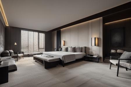 Lao Chen, Lao Chen, bedroom, dark color, bed, carpet, chairs, windows, ceiling of the best quality, masterpiece, high quality, realistic, realistic, super detailed, full detail, 8K,