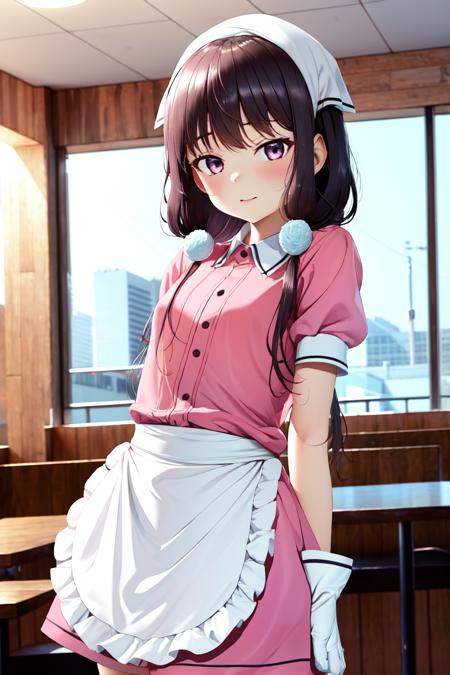 (masterpiece, best quality, absurdres:1.2), MaikaSaku, <lora:Maika5:0.8>, dynamic pose, looking at viewer, (indoors, cafe) arms behind back, front view, frills, white gloves, pink uniform, puffy short sleeves, waist apron, white apron, pink shirt, frilled apron, head scarf