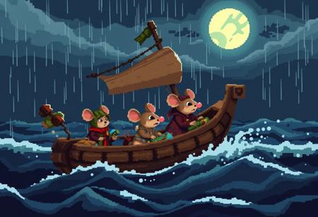 pixel-art 
a small group of mouses scared worried with old rusty clothes and dirty raincoats traveling in an old ailing boat made with bottles and trash on a storm  in the ocean lightings rain moonlight big waves 
... 
blocky, pixel art style, 8-bit graphics, blocky, pixelated, vibrant colors, recognizable characters and objects, game assets, pixel-art, 
aidmaMJ6.1, pixel art