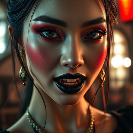 masterpiece, high detail, masterpiece, closeup portrait of stunning oriental asian  vampire woman, long neon red and green , dark eyeshadow, black lips, mouth slightly open showing fangs, chiascuro, sexy, seductive, erotic, direct gaze, medival castel interior  background. highest definition, HD32K, wallpaper, hyperdetailed, concept art, extreme closeup, side profile