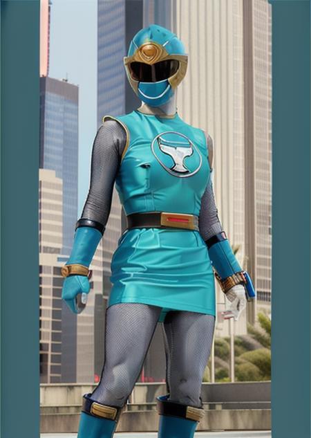 (Photorealistic:1.4), (masterpiece:1.3), ultra quality, extreme details, delicate details, sunny day, japanese actress, illustrated, ((shadow casted onto subject)), dramatic lighting, (((standing))), (highres:1.5), Best quality, masterpiece, 1girl, (((Hurricane Blue outfit, belt, gloves, helmet, tight blue bodysuit, blue boots,  blue skirt, gray leggings, white gloves))) realistic, solo, (((breasts))) <lora:Hurricane Blue v1.6:1>, city background, (small breast:1.1), building