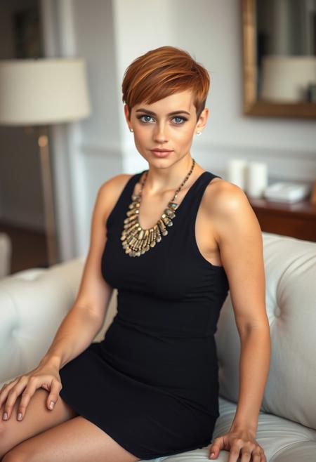 A 19 year old beautiful cute sexy irish woman in a black sleeveless minidress  and statement necklace sits on a white couch, legs crossed, Her auburn hair is styled in a short buzz cut and she is looking directly at the camera. Softly blurred living room backdrop, elegant ambiance.