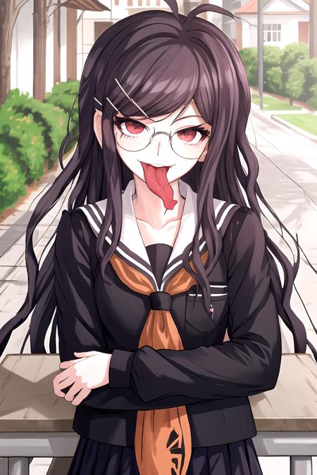 masterpiece, best quality, highres,  <lora:GenocideJack2DG:1>, glasses, sailor uniform, black shirt, torn clothes, tongue out, serafuku, long sleeves, pleated skirt, hair ornament, hairclip, black skirt, outdoors,   tongue,   arm support, desk, close-up,  <lora:jcm2Style_v10.0.9>