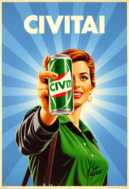 70s style advertisement, ad poster, a woman holding up a soda can marked "CIVITAI" in stylized letters, vivid pop art,