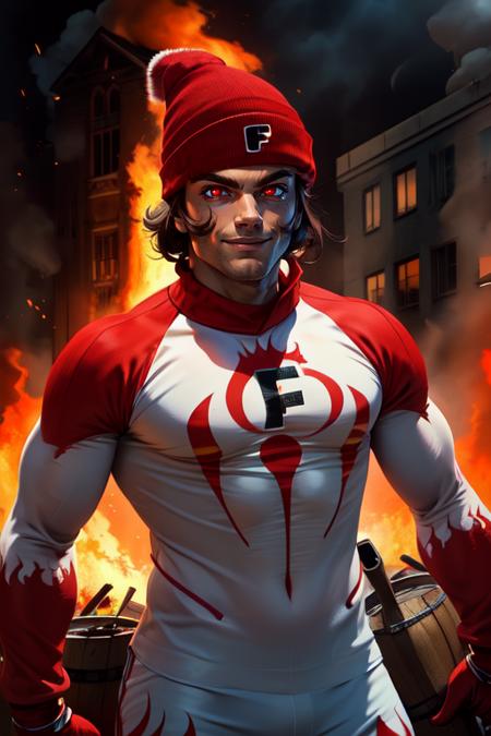 Heat, brown hair, red eyes,  muscular male, 
white and red body suit  with flames,  red beanie with letter F,   red gloves, 
solo, upper body, standing,  smile, 
burning building, windows, barrels, 
 (insanely detailed, beautiful detailed face, masterpiece, beautiful detailed eyes, best quality) 
 <lora:heat-10:0.7>