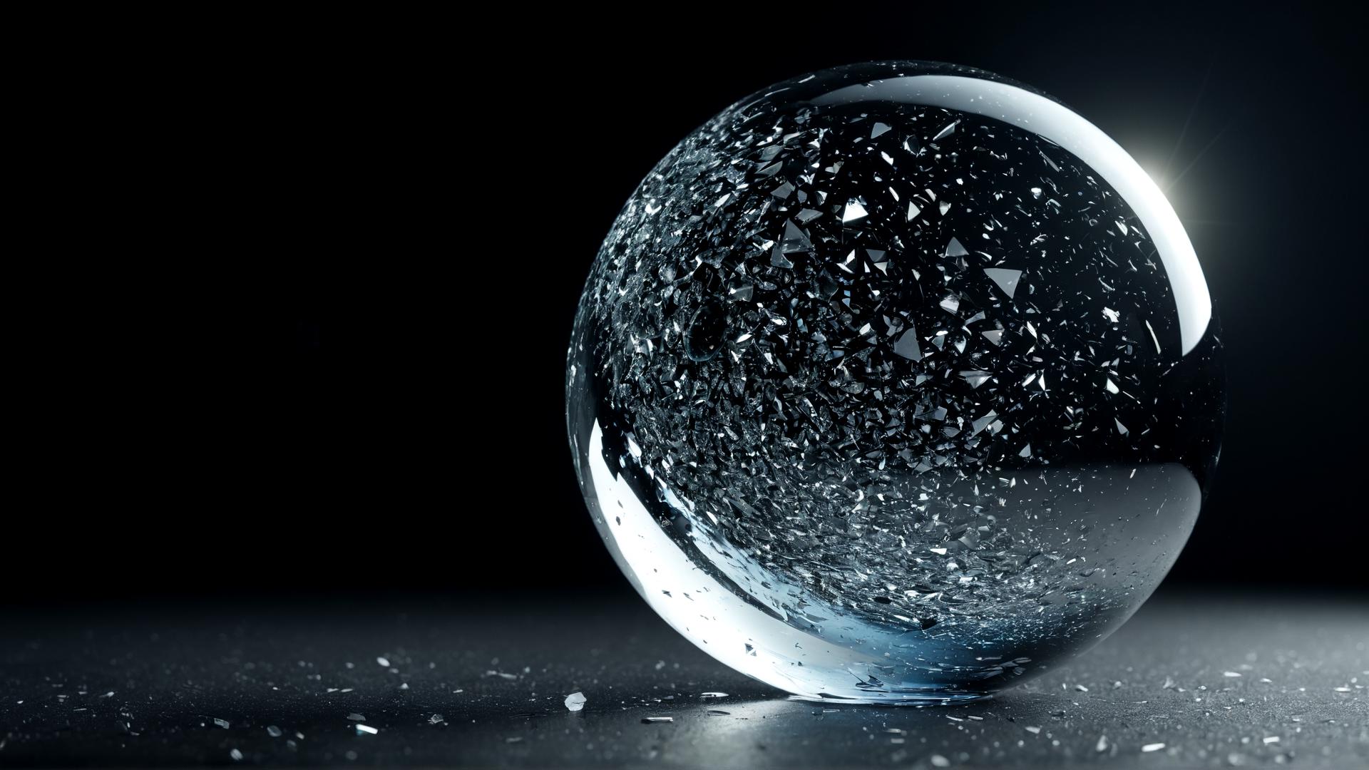 A shattered glass sphere, with shards floating in mid-air. The shards reflect soft light from unseen sources, casting tiny beams of light across the scene. The background is a deep black void, with soft shadows adding depth., Photorealistic, Hyperrealistic, Hyperdetailed, analog style, soft lighting, subsurface scattering, realistic, heavy shadow, masterpiece, best quality, ultra realistic, 8k, golden ratio, Intricate, High Detail, film photography, soft focus