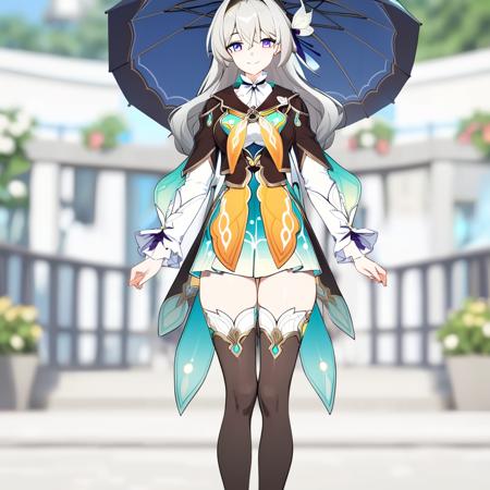 best quality, masterpiece,    <lora:firefly:1>,firefly \(honkai: star rail\), 1girl, solo, outdoors, blurry background, full body, looking at viewer, smile, closed mouth, thighhighs, dress, umbrella