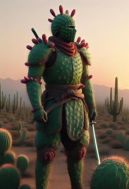 Prickly Pear Style, A lone samurai standing in the desert, wearing an armor set made of interwoven cactus spines, a thorn-covered katana glowing under the sunset, wind blowing through a field of neon succulents, ancient desert pagoda in the background, cinematic warrior aesthetic