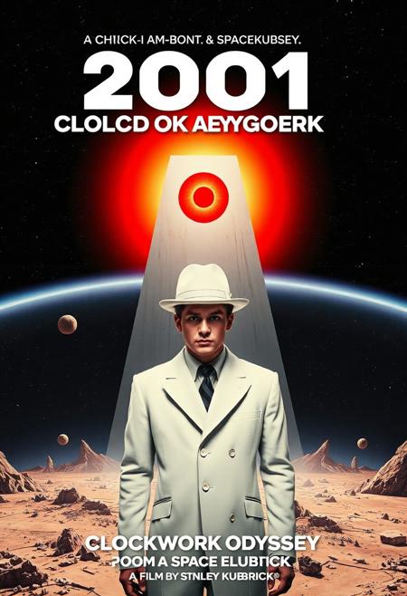 Design a striking and surreal movie poster for 2001: CLOCKWORK ODYSSEY, a blend of Stanley Kubrick’s iconic films A Clockwork Orange and 2001: A Space Odyssey. In the foreground, feature Alex from A Clockwork Orange in his classic white outfit, bowler hat, and disturbing single eyelash. He stands against a backdrop of space, with the HAL 9000 red eye ominously glowing in the distance. The monolith from 2001 looms behind him, while elements of the dystopian, urban world of Clockwork Orange are subtly integrated into the vast, sterile spacescapes of 2001. The color palette should feature the warm oranges and blacks of Clockwork Orange contrasted with the cool whites and blues of 2001. At the top or bottom of the poster, boldly display the title 2001: CLOCKWORK ODYSSEY, fusing the typography styles of both films. Below the title, add: ‘A Film by Stanley Kubrick,’ to highlight the legendary director’s vision