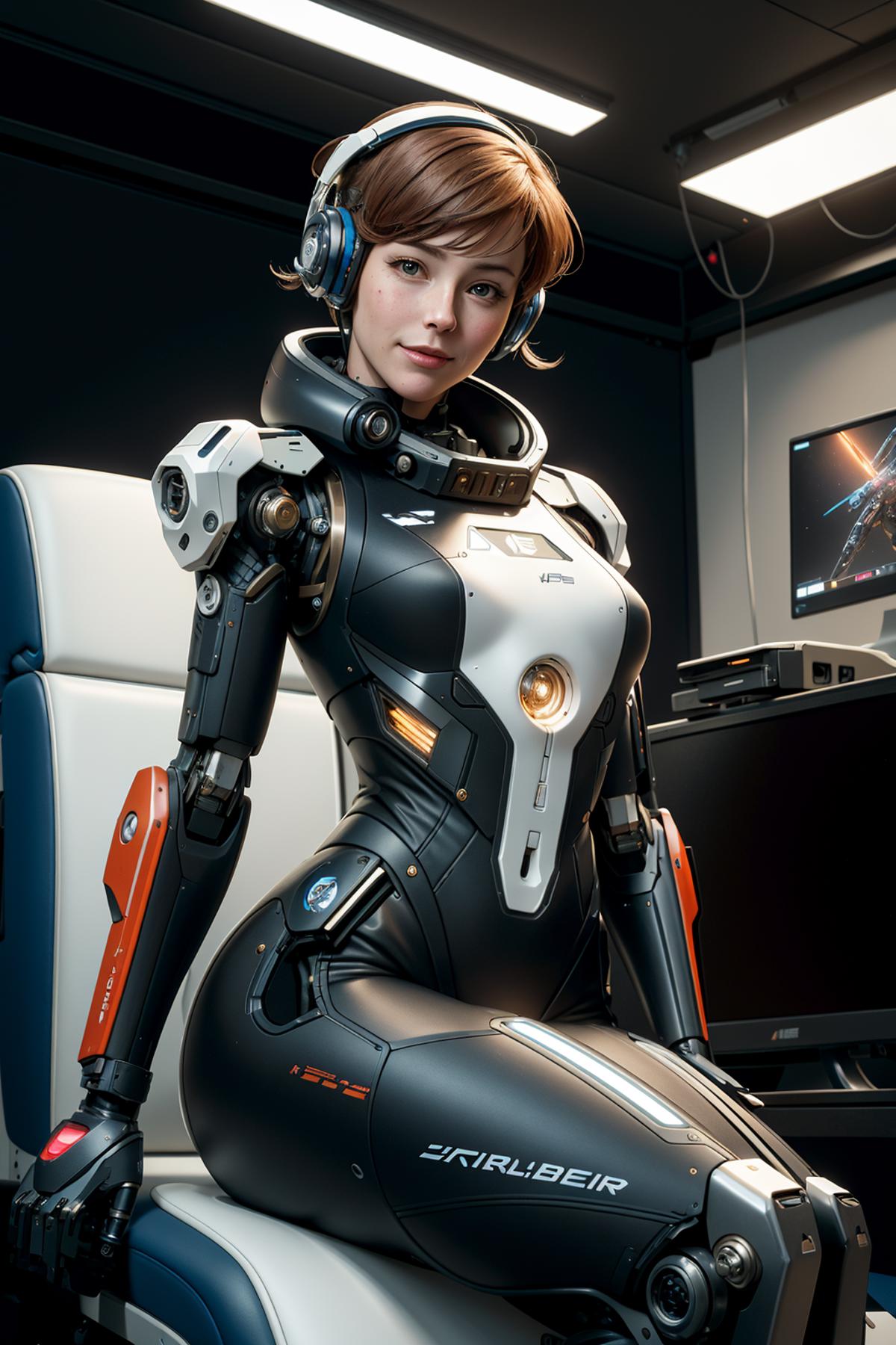 A female robot with large breasts posing in front of a computer screen.