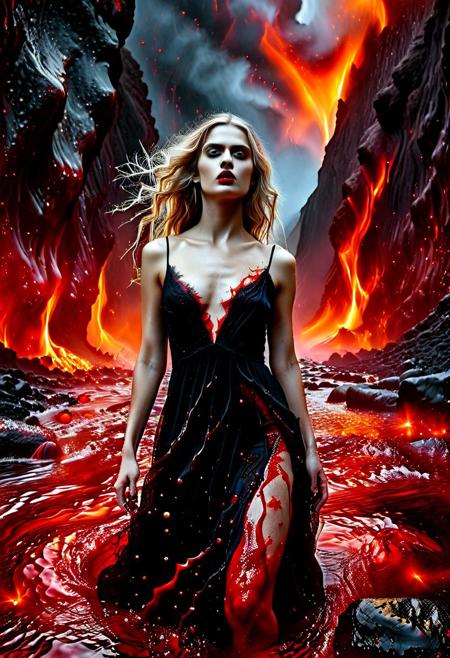 Amidst a dramatic volcanic landscape, a strikingly beautiful female vampire stands confidently, enveloped in a dress that appears to flow like both blood into molten lava. The gown seamlessly blends blac anf flowing red blood, mimicking the fierce, evil glowing fissures  and spouting blood red gysers of the volcanic terrain surrounding her. With long, flowing blonde hair cascading over one shoulder, her expression is both alluring and mysterious, exuding a sense of excitement n this chaotic scene. The background is filled with vibrant bursts of orange and red, contrasting against the dark, rugged rocks, while the soft lighting enhances the otherworldly atmosphere, creating a surreal, almost mythical narrative of beauty and danger intertwined.