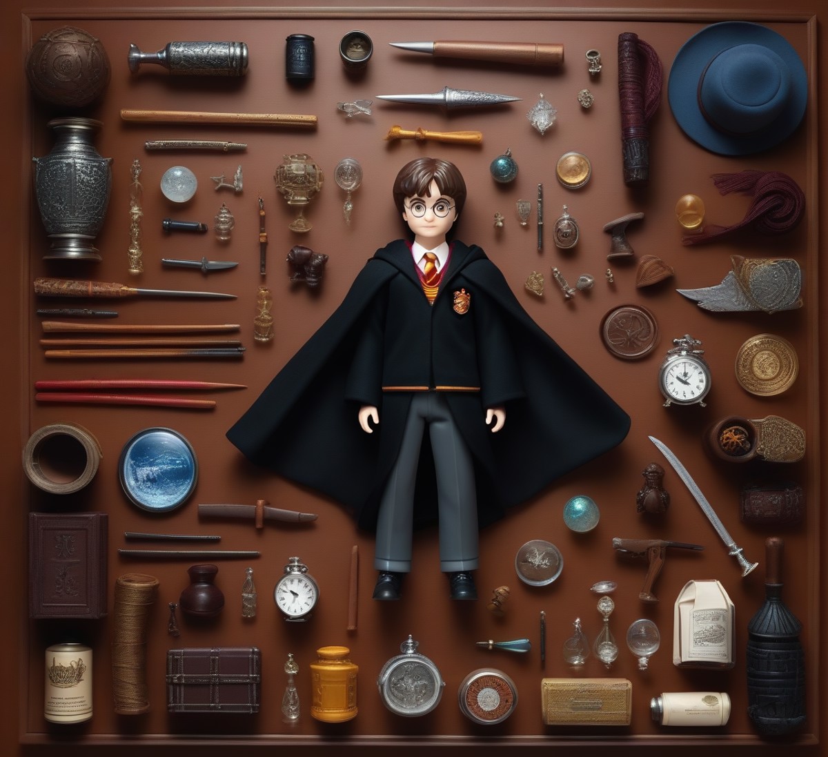 knolling, Things and Objects, Harry Potter figurine doll, lots of details and additions, assembled character in the center...