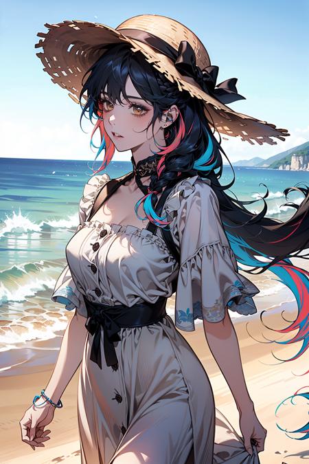 (absurdres, highres, ultra detailed), (official art, extremely detailed CG unity 8k wallpaper, beautiful and aesthetic:1.2), (1girl:1.3), long hair, black hair, braid sidelocks, extremely detailed,(colorful:1.4), A woman walking on the beach for her summer vacation, she's wearing a wheat hat and a maxi dress