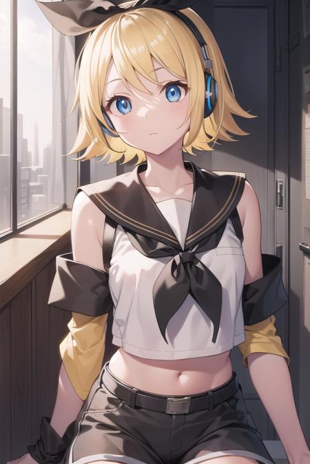 kagaminerin, <lora:rinkagaminetest:1>,
rin kagamine, blonde hair, blue eyes, hair bow, headset, short hair, headphones, (flat chest:1.2),
BREAK bare shoulders, belt, black sailor collar, black shorts, bow, crop top, detached sleeves, grey legwear, grey shorts, grey sleeves, hair bow, leg warmers, neckerchief, sailor collar, school uniform, shirt, short shorts, short sleeves, shorts, white bow, white footwear, white shirt, yellow neckerchief,
BREAK looking at viewer,
BREAK indoors, classroom,
BREAK <lora:GoodHands-vanilla:1>, (masterpiece:1.2), best quality, high resolution, unity 8k wallpaper, (illustration:0.8), (beautiful detailed eyes:1.6), extremely detailed face, perfect lighting, extremely detailed CG, (perfect hands, perfect anatomy),