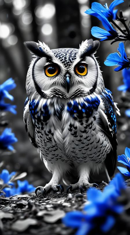 Thunderclap owls, surviving in the wilderness, Dramatic chiaroscuro, cloudless with endless blue, sparkling silver shimmer, subjective camera character's viewpoint, tight close-up on details, kinetic motion emphasis, blooming flower petals, long dramatic shadows, pyramidal structure, selective color pop.