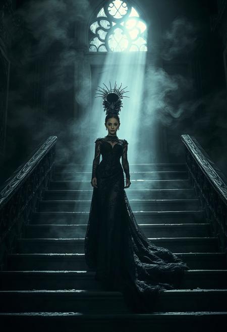 A woman with an air of regality and slight menace stands on the steps leading to what appears as if it were once a grand, opulent manor house now in decay. The setting is shrouded by thick swirling mist that seems almost alive—like remnants from another time. Her black lace gown flows dramatically around her form—as though caught between light and shadow—a single beam of dramatic lighting filters through an arched window above casting long shadows on the stone steps with intricate gothic carvings. She wears a complex headpiece adorned in dark velvet that enhances both beauty and unsettling presence. This image is inspired by Kentaro Miura’s visual storytelling—both elegant yet haunting—with cinematic depth, high detail rendering at 8k resolution*