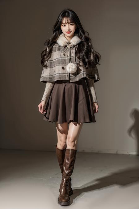 cyb skirt, long sleeves, capelet, wool ball scarf, scarf