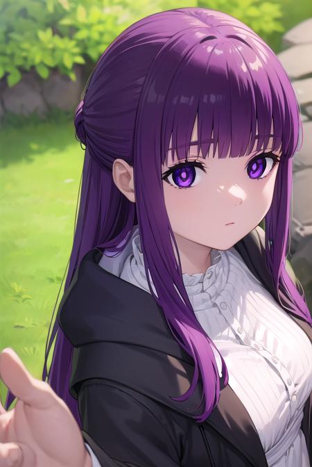 fern, long hair, bangs, (purple eyes:1.1), purple hair, sidelocks, blunt bangs, (bright pupils:1.5), half updo, shirt, dress, jacket, white shirt, open clothes, hood, white dress, hood down,