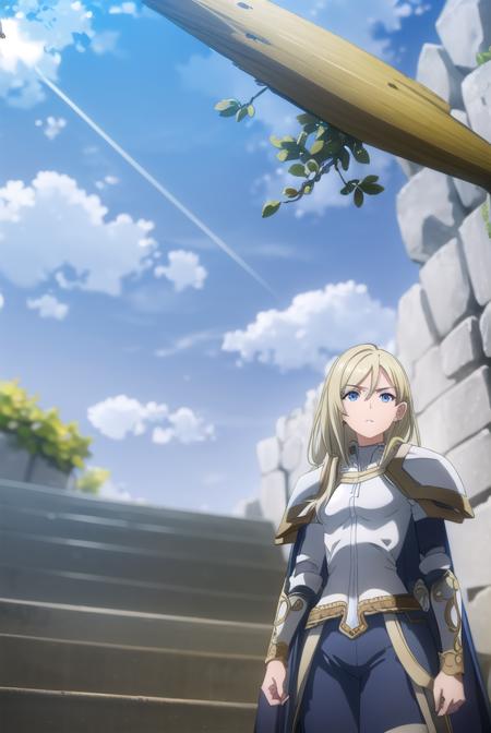 femaleknight, <lora:femaleknight-lora-nochekaiser:1>, 
female knight, long hair, blue eyes, blonde hair,
BREAK weapon, sword, cape, armor, shoulder armor, gauntlets, pauldrons, breastplate, knight,
BREAK outdoors, forest, grass, nature, sky, cloud, sun,
BREAK looking at viewer, (cowboy shot:1.5),
BREAK <lyco:GoodHands-beta2:1>, (masterpiece:1.2), best quality, high resolution, unity 8k wallpaper, (illustration:0.8), (beautiful detailed eyes:1.6), extremely detailed face, perfect lighting, extremely detailed CG, (perfect hands, perfect anatomy),