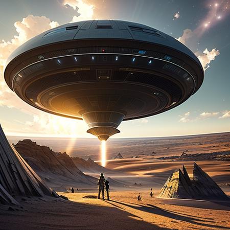 a futuristic space ship lifting off from the earth as a small group of people watch, 4k textures, hdr, intricate, highly detailed, sharp focus, cinematic look, hyperdetailed <lora:sd-pulp-1-1-lora:1>, startling stories, cover art, illustration