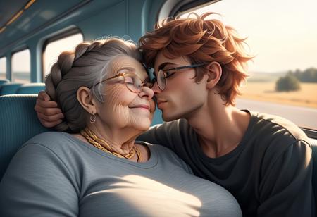 Morning. Golden sunrise. Long-distance bus. Outside the window, endless highway in the middle of nowhere. Twin seats. Photorealistic. Heterosexual relationship with major age difference (50 years). Dramatic lighting. Blurred background. 2 characters sit next to each other. Old woman, young man. 1granny (73 y/o, old, realistically aged, sleeping, seasoned, wrinkled face and neck, chubby, small copper-frame eyeglasses, skin imperfection, messed-up beautiful silver hair in thick braids, gigantic  breasts, wrinkled cleavage, slightly smiling) and man (23 y/o, handsome, graduate student, tidy, clean-shaven, skinny, glasses, sleepy eyes, slightly smiling, kissing 1granny, glossy black hair, geeky, clean college t-shirt, slightly smiling) sleep peacefully together, leaning onto each other, keeping each other warm.