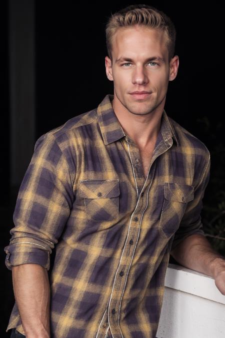 RAW Photo, photo of man matthew_rush at night posing in plaid shirt with blond hair on Bassa Rodona, <lora:matthew_rush-03:0.8>, brightly lit, natural lit, detailed