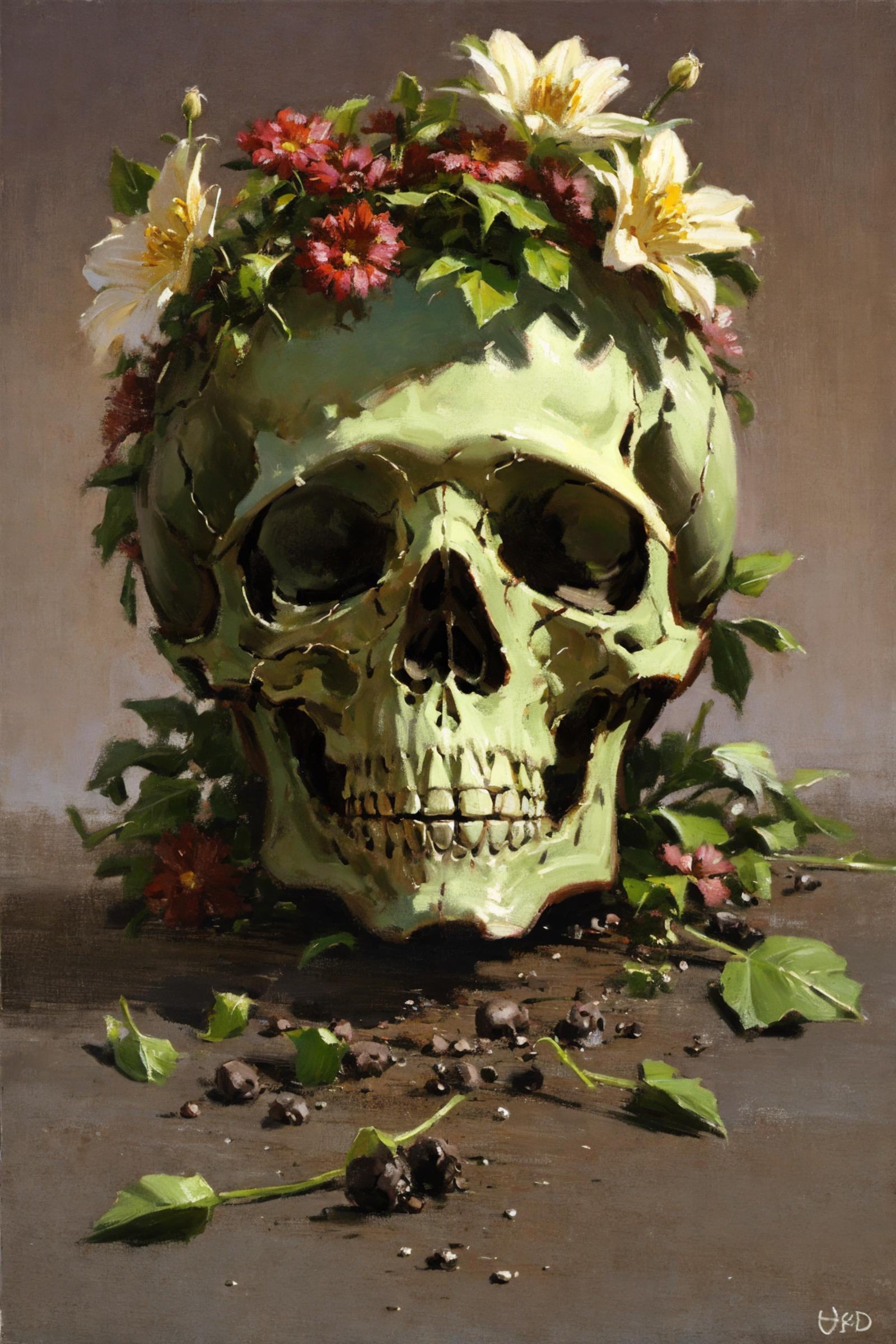 A large skull with a crown of flowers and green leaves on top.