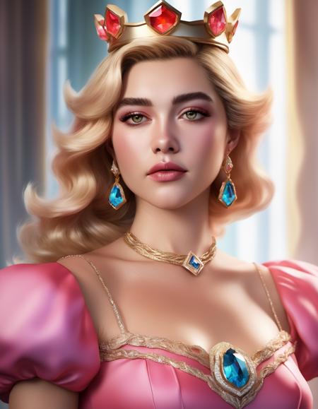 <lora:Florence Pugh:1>,  waist up photo of  flrncpgh woman as Princess Peach, fantasy, highly detailed, digital painting, artstation, concept art, sharp focus, illustration, art by Tony Sart and artgerm and randy vargas