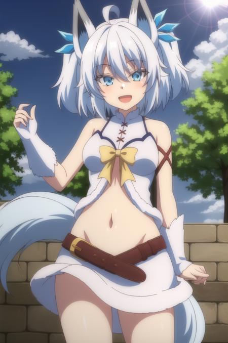 (Masterpiece), High Quality, 1girl, solo,
<lora:RedoSetsuna-v1-08:0.6>, ChopioSetsuna, wolf girl, white hair, wolf ears, (tail, wolf tail:1), (wolf feet:1), arm fur, (looking at viewer:1.3),
medium hair, two side up, hair ornament, ahoge,
(mature female, adult:1), medium breasts,
outfit_1, bare shoulders, sleeveless, yellow bow, midriff, navel, brown belt, white skirt, fur trim,
standing, outdoors, smile, open mouth, happy, sunny, lens flare, sun beams,