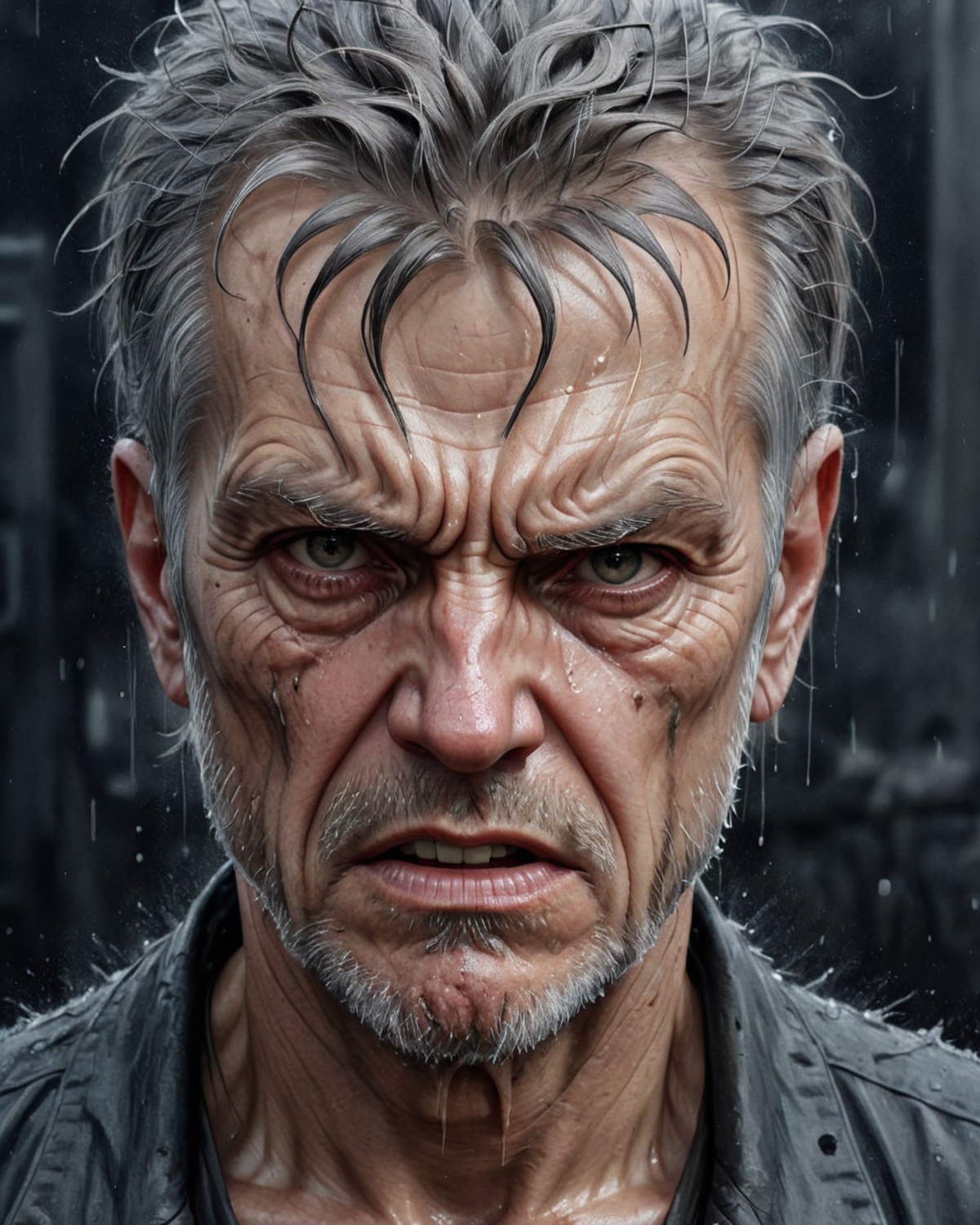 Dystopian style <lora:FF-Style-Mid-HOT-Week3.LORA:1>,"a drawing of an old man with a face that is wet, anger. hyper detail...