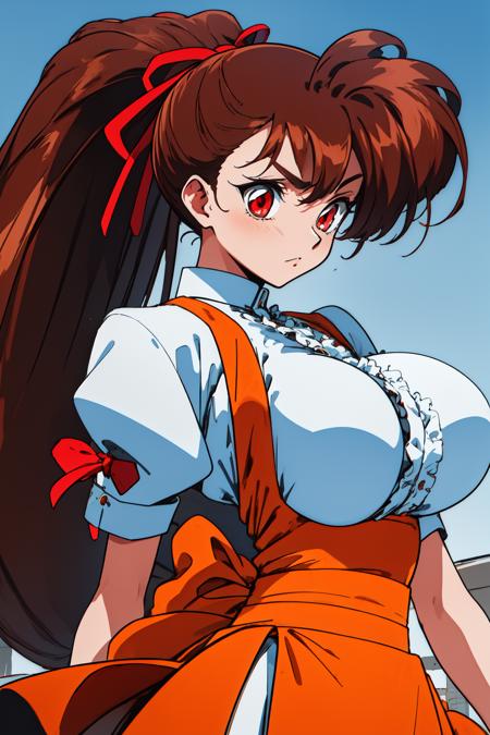 1girl, upper body, blue sky, fighting stance, serious, 
yuuka, huge breasts, red eyes, brown hair, long hair, red ribbon, hair ribbon, very long hair, high ponytail, ponytail, white gloves, frilled shirt, underbust, waitress, short sleeves, orange skirt, skirt, <lora:VG_Yuuka_lora_ver1:0.7>, best quality, masterpiece, highres, <lora:GoodHands-vanilla:1>