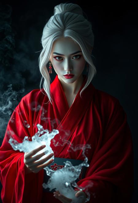 An albino geisha, stands in a tenebrous, smoke-filled environment. Her countenance, framed by white hair, is one of unwavering resolve, illuminated by the effulgent ice mist she wields. She wears a red transparent robe, The image, meticulously composed as a medium shot with a slightly low angle, emphasizes her indomitable spirit and mastery over the elements. The chiaroscuro lighting technique accentuates the ethereal nature of her power, while the meticulously rendered background hints at a world engulfed in conflict and magic.  Cinematic hyperrealism, tenebrism, volumetric lighting, high-contrast, deep shadows, heightened gamma, painterly rendering.