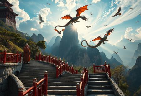 ultra fine detail, highly detailed and intricate details, cinematic, high definition, Tianzi Mountains, Chinese mountains, blue skies, forest, river, birds flying, sun behind mountain, shadow cast, The mountains are tall, there are few trees on the mountain, there are stone stairs leading up the mountains, the mountains pierce the sky, the clouds are swirling around the mountains, the clouds are breaking apart allowing light to pass through them, dragons flying between the mountain peaks, the dragons are playing, there are a few dragons resting on the mountain peaks, there is an old monk on the stair case, the old monk is smoking from a pipe and watching the dragons, there are red wooden guard railings along the stair case up the mountain, dragon focus, aerial view, view from above, Chinese style painting,