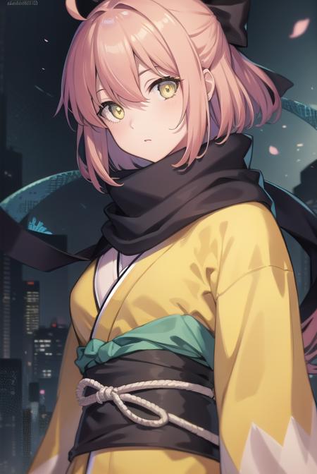 okitasouji, <lora:okitasoujitest:1>, okita souji, ahoge, black bow, pink hair, hair between eyes, hair bow, short hair, (yellow eyes:1.5),
BREAK japanese clothes, kimono, sash, scarf,,
BREAK outdoors, city,
BREAK looking at viewer,
BREAK <lora:GoodHands-vanilla:1>, (masterpiece:1.2), best quality, high resolution, unity 8k wallpaper, (illustration:0.8), (beautiful detailed eyes:1.6), extremely detailed face, perfect lighting, extremely detailed CG, (perfect hands, perfect anatomy),