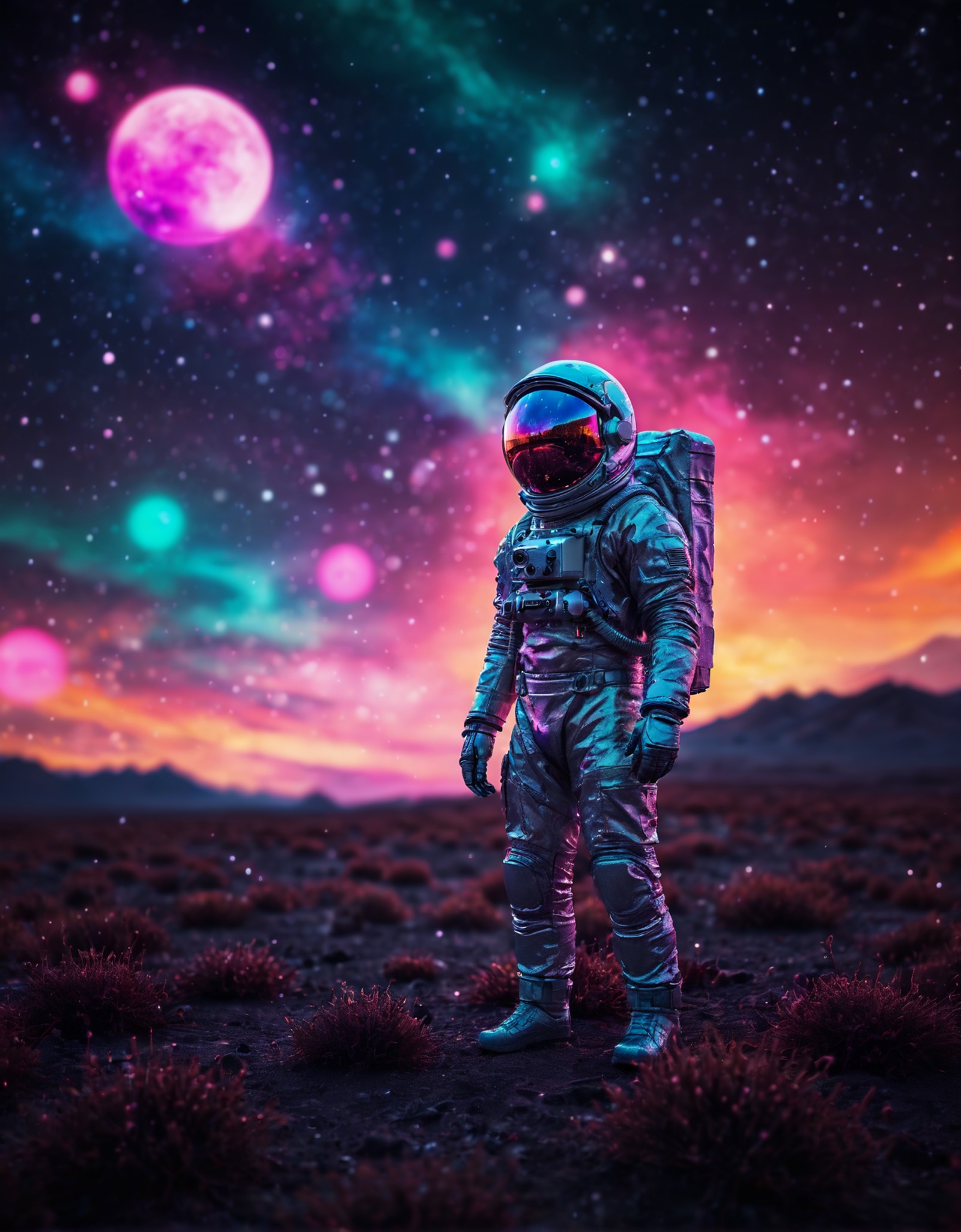 breathtaking shallow depth of field, bokeh, retro futuristic astronaut floating in a beautiful colorful starfield, ultra w...